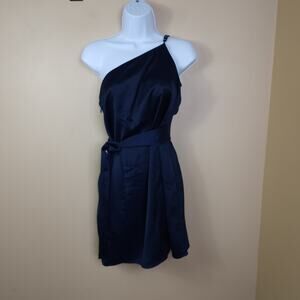 Marissa Webb Satin One Shoulder Tie Sash Dress in Navy Size 4 DAMAGED